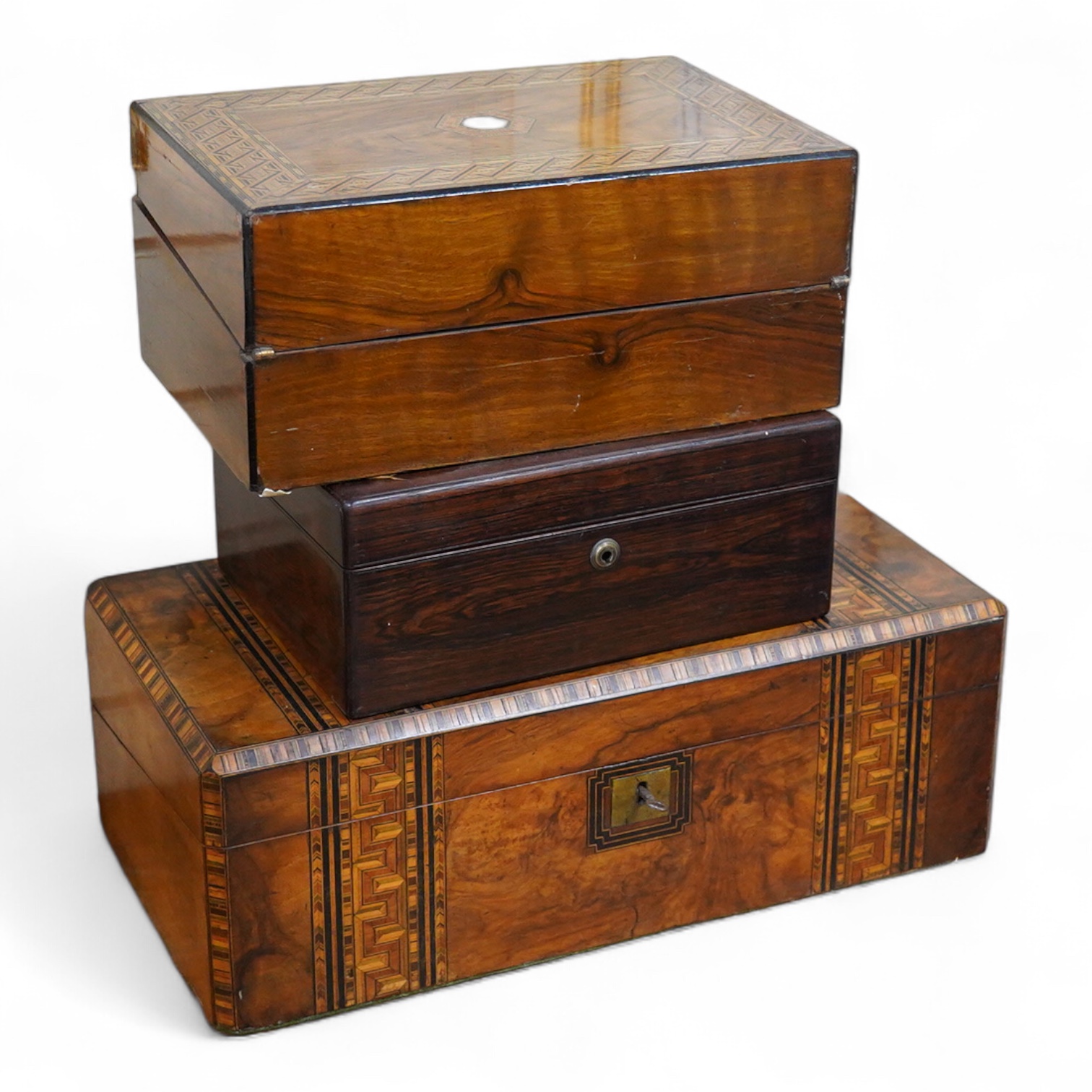 Two Victorian bandwork writing slopes and another rosewood box, one with key, largest 50cm wide